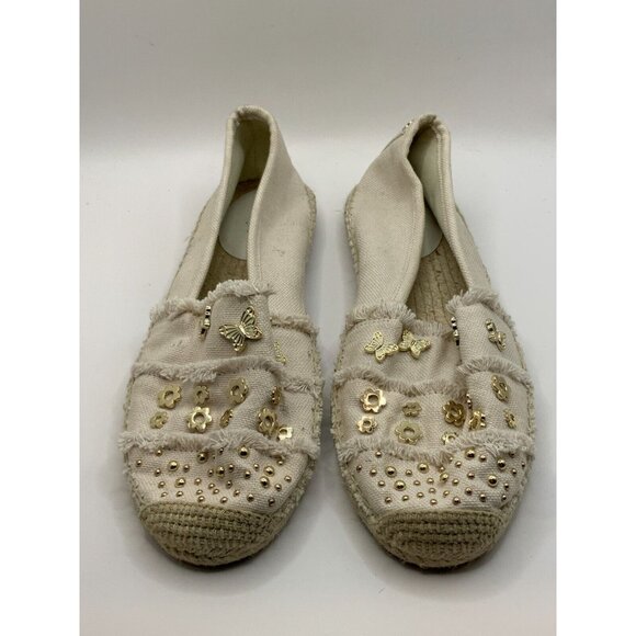 Michael Kors Tan Canvas Espadrilles Flats w/ Butterly & Floral Studs, Size 9.5 - Picture 2 of 9